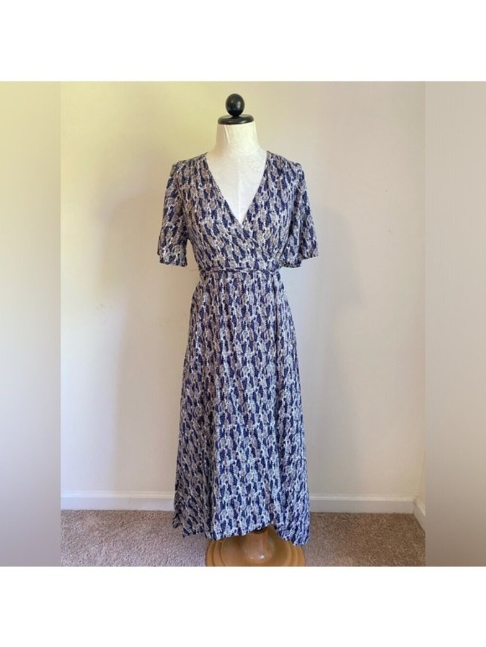 Women's Blue & White Printed Midi Wrap Dress With Tie Waist - Size L